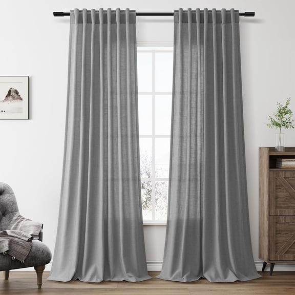 Dark Grey Linen Curtains, 84 Inch Long Neutral Panels, Light Filtering with Back Tab & Rod Pocket for Farmhouse Living Room