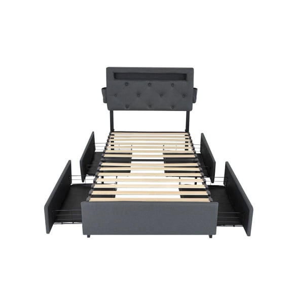 Dark Grey Linen Upholstered Twin Platform Bed with Adjustable Headboard, Four Wheeled Underbed Drawers, Dual USB Ports and Multi Mode RGB LED Lighting No Box Spring Needed