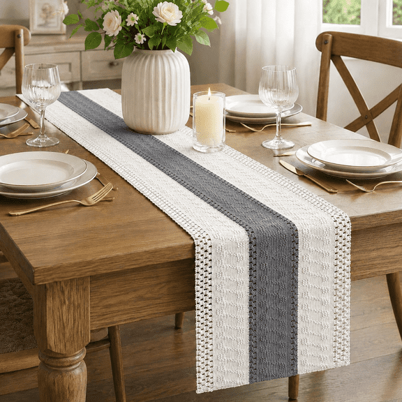 Dark Grey Macrame Cotton Blend Table Runner, 12×72 Inch, Farmhouse Rustic Hollow Design, Seasonal Holiday Decor for Kitchen, Dining Table, Dresser, Home Party