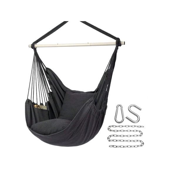Dark Grey Macrame Hanging Chair With Cushion And Pocket, Cotton Weave Swing For Indoor Or Outdoor Use