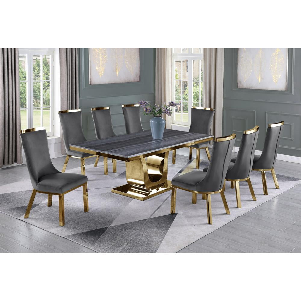 Gray Marble Dining Set with Gold Stainless Steel and Gray Velvet Chairs ...