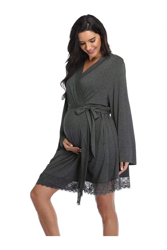 Dark Grey Maternity Wrap Robe With Lace Hem - Soft Knit Nursing & Sleepwear For Pregnant Women