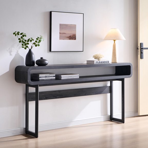 Dark Grey Modern Console Table With Open Shelf, Curved Profile, 63L x 12D