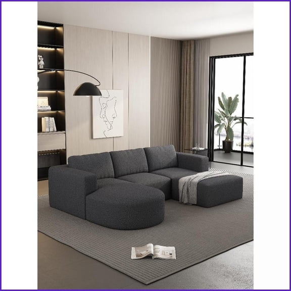 Dark Grey Modular Sleeper Sectional Sofa with Chaise & Ottoman  Yarn Fleece Fabric, Foam+Spring Cushions, No Assembly | Dark Grey | Foam+Spring | Cushion Back