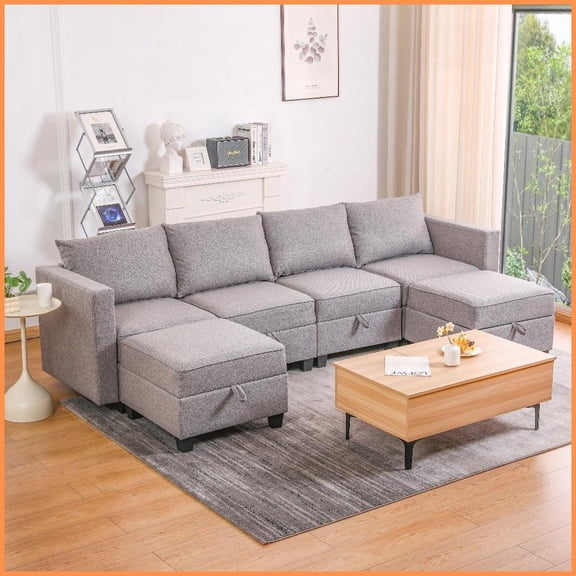 Dark Grey Modular U-Shaped Sectional Sofa with Storage - 4-Seat Fabric Couch for Living Room