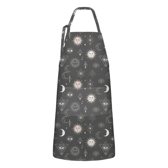 Dark Grey Mystical Pattern Apron-Garden Aprons for Women with Pockets-Cotton Linen Waterproof Kitchen Cooking Gardening Aprons Adjustable for Kitchen,Cooking,BBQ and Salon 33x27 Inch