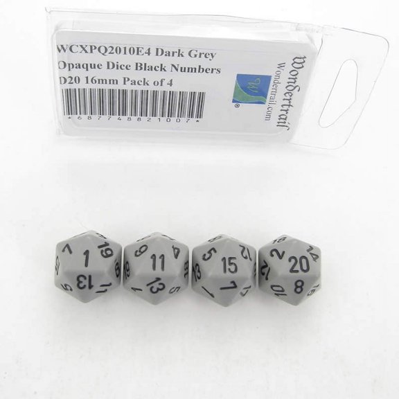 Dark Grey Opaque Dice with Black Numbers D20 Aprox 16mm (5/8in) Pack of 4 Wondertrail