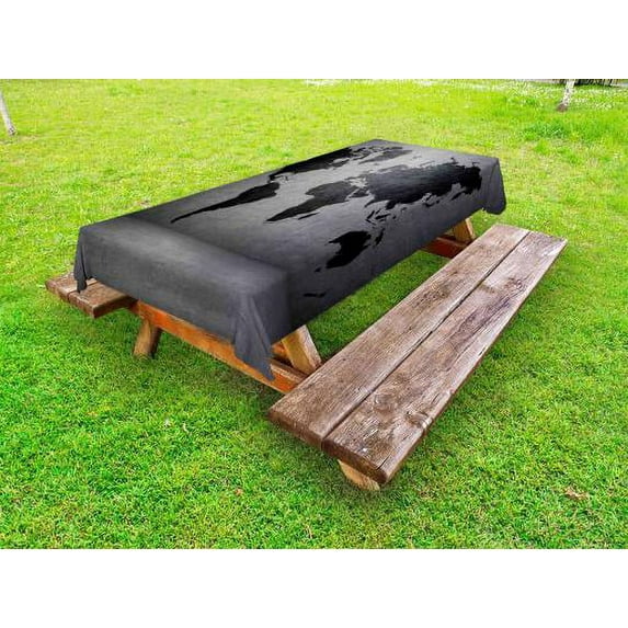 Dark Grey Outdoor Tablecloth, Black Colored World Map on Concrete Wall Image Urban Structure Grungy Rough Look, Decorative Washable Fabric Picnic Table Cloth, 58 X 84 Inches,Grey Black, by Ambesonne