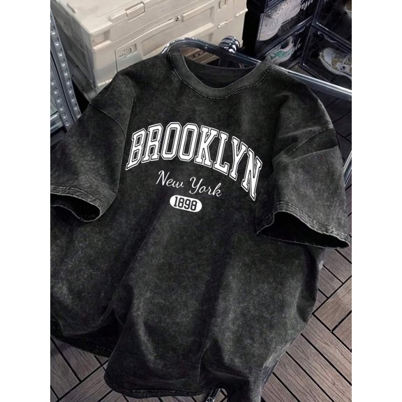 Dark Grey Oversized Crew Neck Graphic T-Shirt With Brooklyn 1898 Arch Print