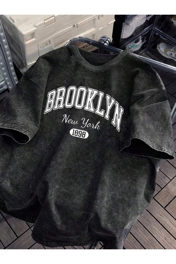 Dark Grey Oversized Crew Neck Graphic T-Shirt With Brooklyn 1898 Arch Print