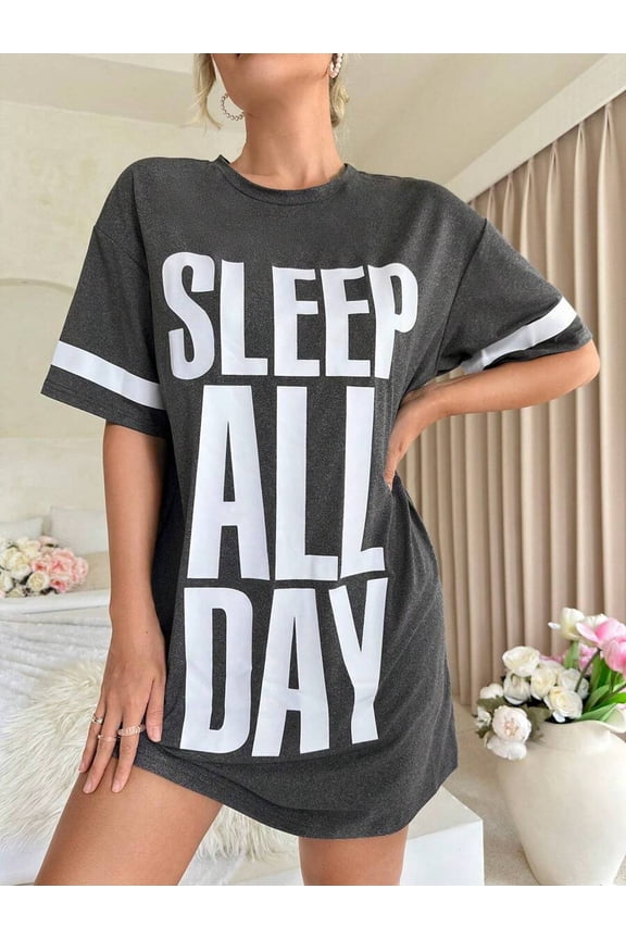 Dark Grey Oversized Slogan Sleep Dress With White Sleeve Trim