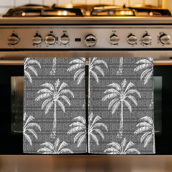 Dark Grey Palm Tree Kitchen Towels Set of 1, Summer Botanical Tropical Tree Absorbent Dish Towels for Kitchen, Microfiber Hand Towel, Quick Drying Tea Towel for Cleaning Decorative Dishcloths