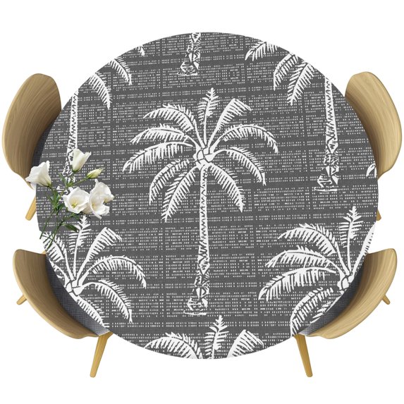 Dark Grey Palm Tree Round Tablecloth 36-44 Inch Round Fitted Table Cloth with Elastic Edge, Summer Botanical Tropical Tree Waterproof Table Cover Protector for Outdoor Picnic Party Dining