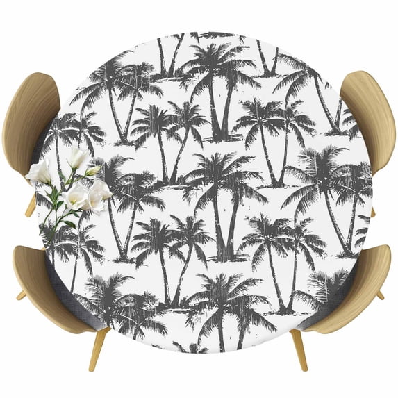 Dark Grey Palm Tree Round Tablecloth 55-60 Inch Round Fitted Table Cloth with Elastic Edge, Summer Tropical Tree Coastal Beach Waterproof Table Cover Protector for Outdoor Picnic Party Dining