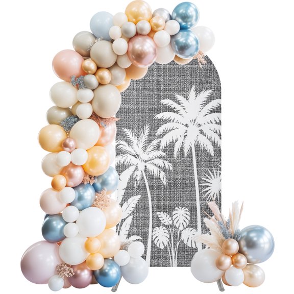 Dark Grey Palm Trees Wedding Arch Cover,Stretchy Spandex Arch Backdrop Stand Covers 5 FT,Tropical Vintage Summer Botanical Round Top Arched Backdrop Cover for Birthday Party Ceremony Baby Shower