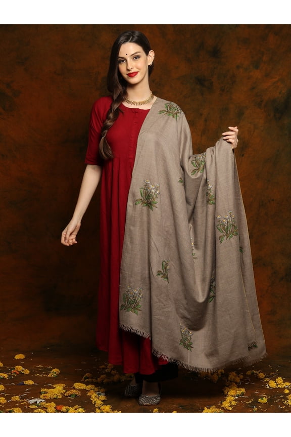 Dark Grey Pashmina Sozni Floral Mural Shawl - Fine Craft