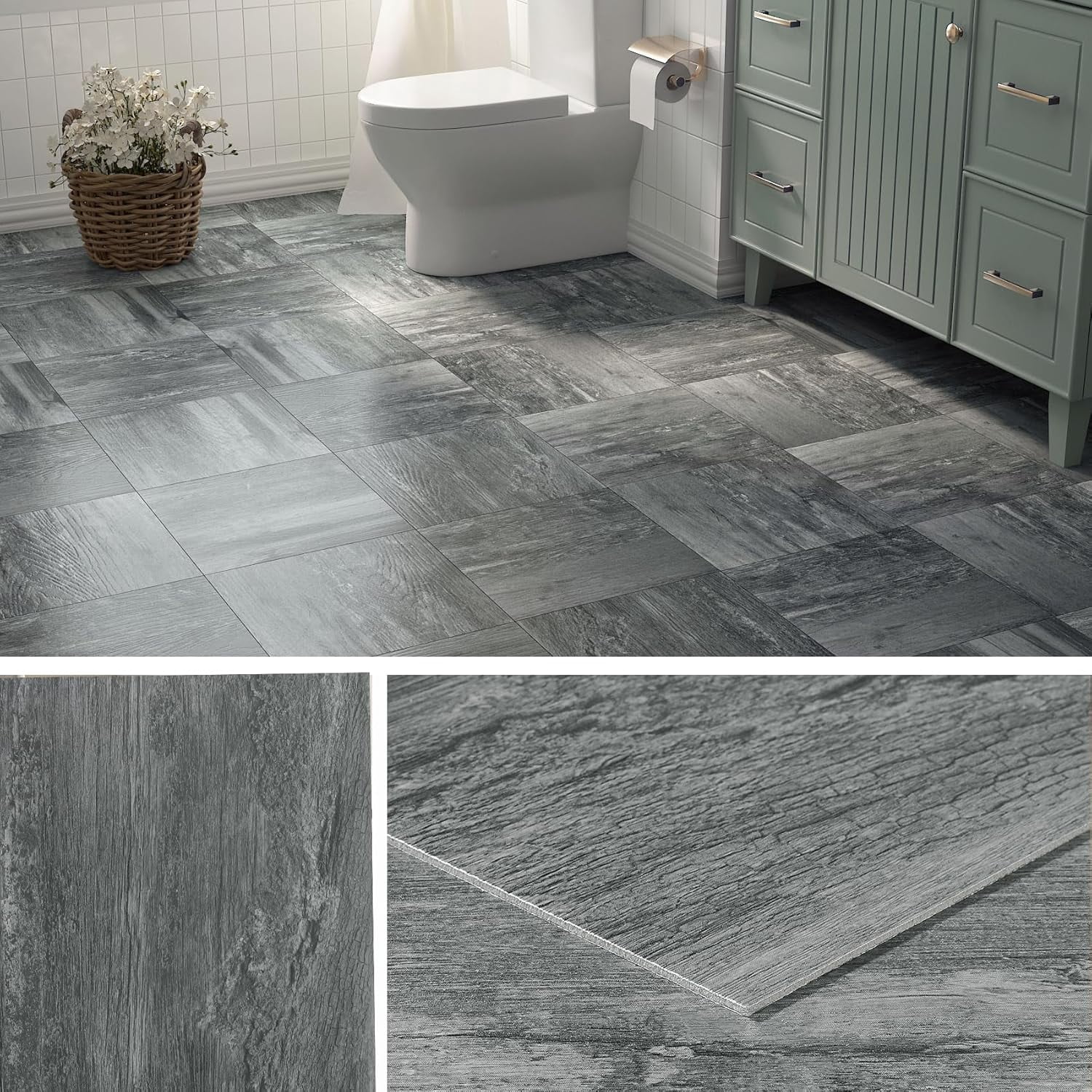Dark Grey Peel and Stick Floor Tile Wood Look Waterproof Vinyl Flooring Gray Laminate Wood Flooring Tiles Adhesive Kitchen Floor Tile Stickers Stick on Floor Tiles Bathroom 12x12 4-Sheets