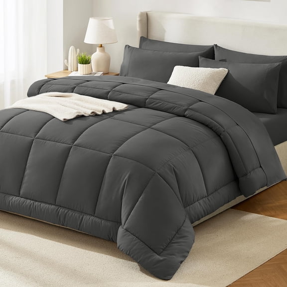 Dark Grey Queen 7-Piece All Seasons Microfiber Bed-in-a-Bag Comforter Set