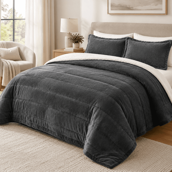 Dark Grey Queen 86"x86" 3-Layer Luxury Flannel Fleece Plush Sherpa Bed Blanket Set