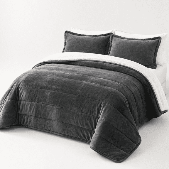 Dark Grey Queen 86"x86" 3-Layer Luxury Flannel Fleece Plush Sherpa Bed Blanket Set