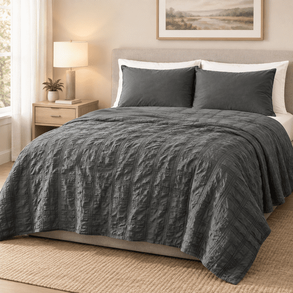Dark Grey Queen (90''x90'') Seersucker Plaid Lightweight Summer Quilt Blanket for Hot Sleepers