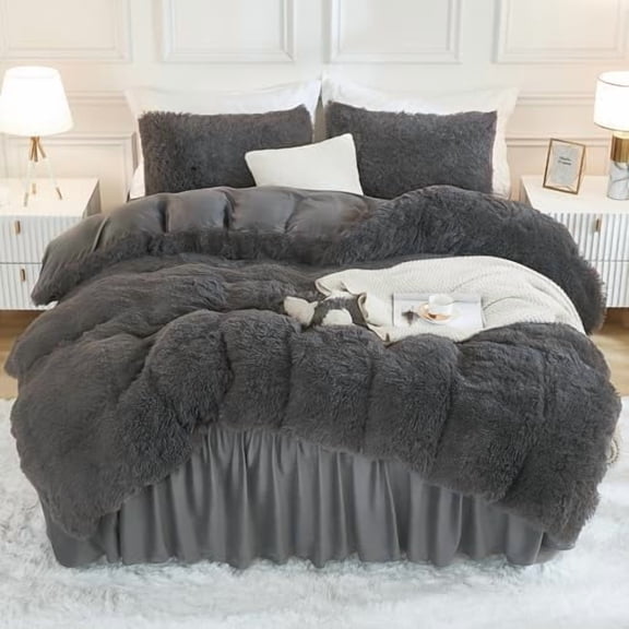 Dark Grey Queen Comforter Set, 3 Pieces Fluffy Faux Fur Warm Soft Fuzzy Plush Gray Bedding Comforter Set, Thick Heavy Puffy Comfy Bedding Sets