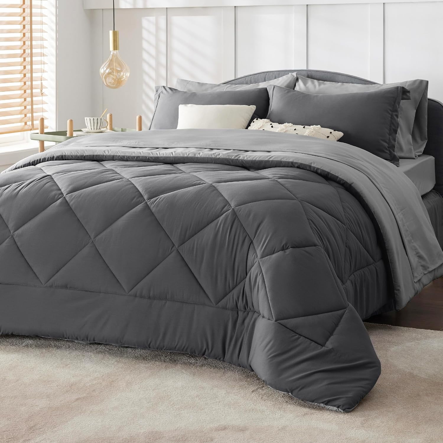 Dark Grey Queen Microfiber Reversible Bed in a Bag Set