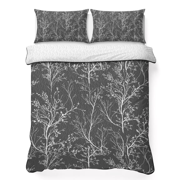 Dark Grey Queen Quilt Bedding Set, White Tree Branch Botanical Abstract Plant Leaves Lightweight Comforter with 2 Pillow Shams Bedroom Bedspread Set Home Decor for All Seasons