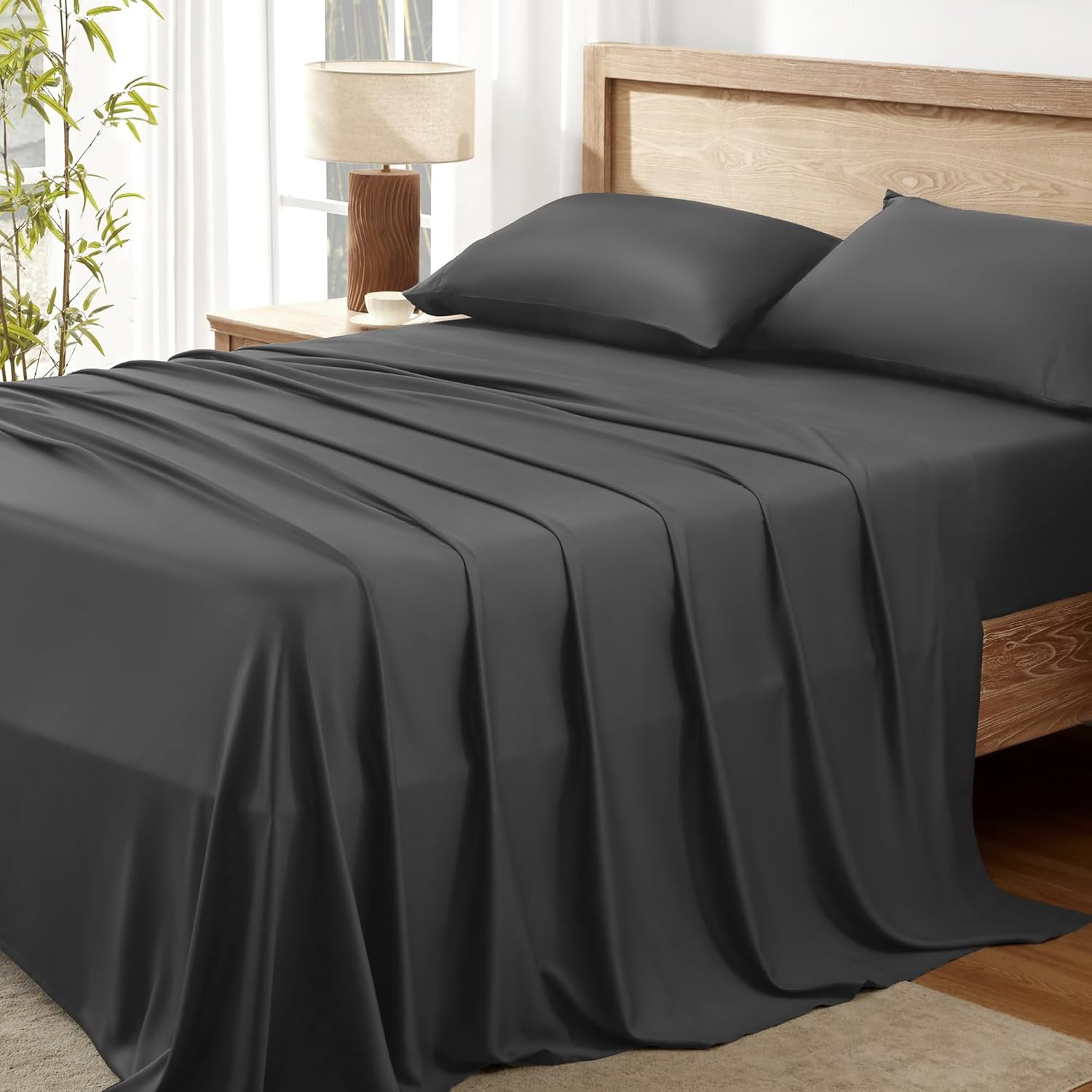 Dark Grey Queen Sheets Set, 100% Viscose Derived from Bamboo, Cooling Bed Sheets Queen Size, Deep Pocket Up to 16", Silky Soft Sheets, Hotel Luxury Breathable Bedding Sheets & Pillowcases