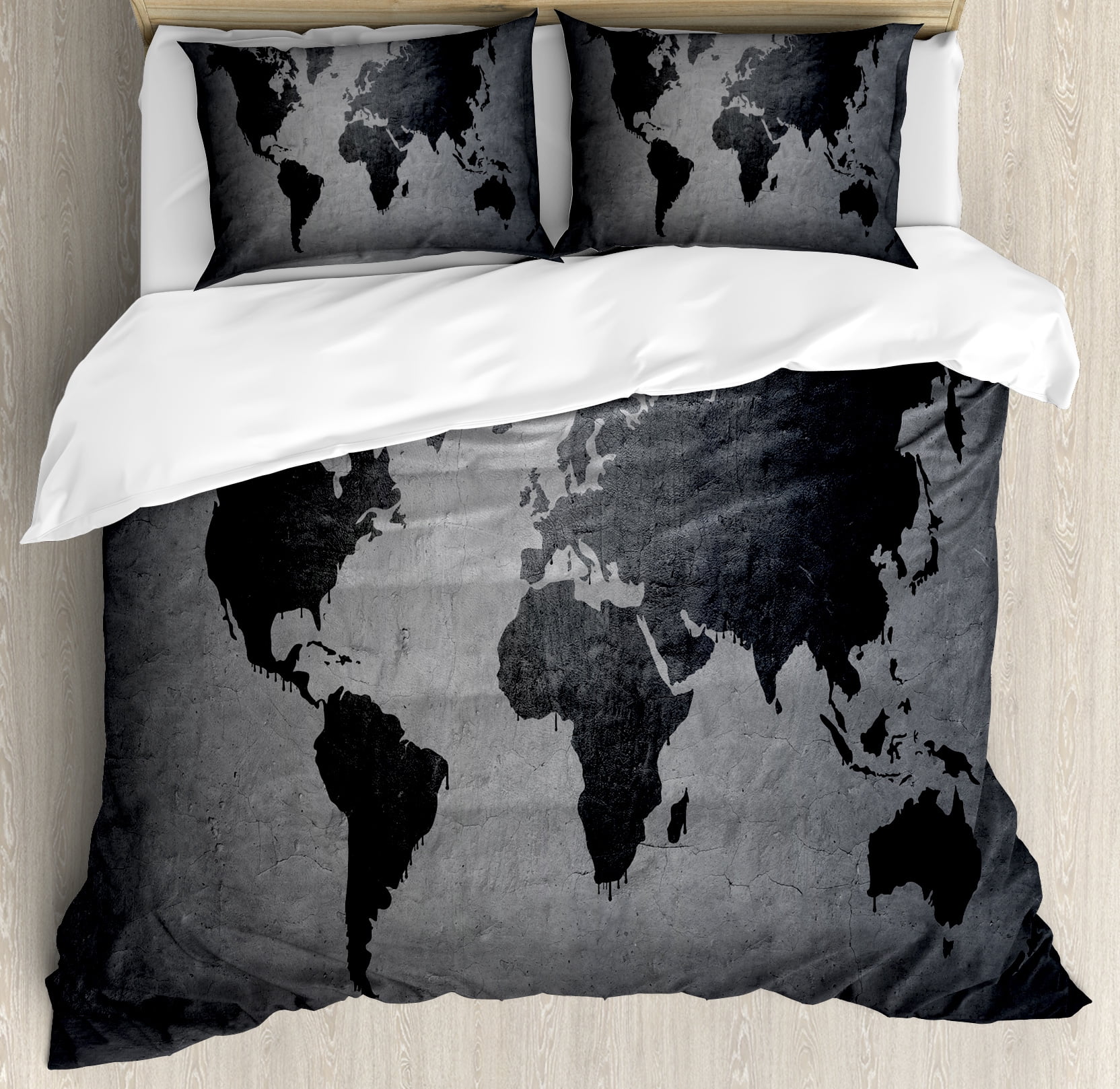 Dark Grey Queen Size Duvet Cover Set, Black Colored World Map on ...