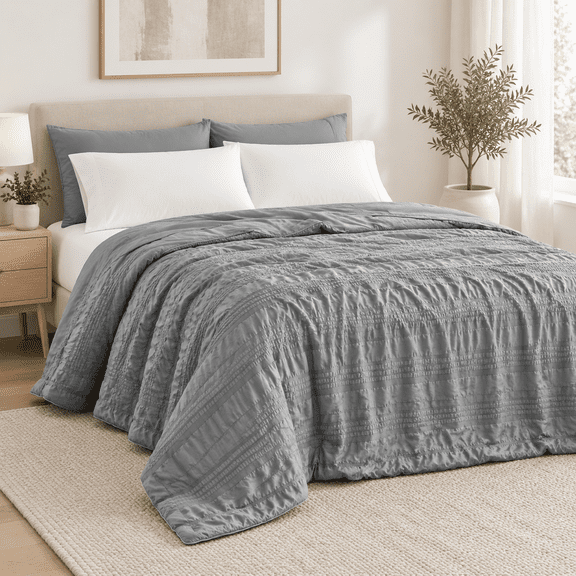 Dark Grey Queen Size Seersucker Reversible Lightweight Summer Comforter for Hot Sleepers