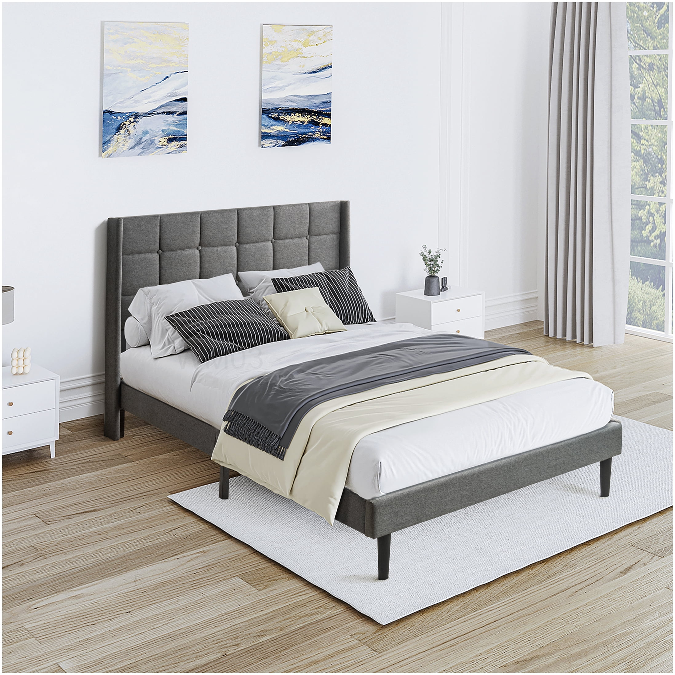 Dark Grey Queen Upholstered Bed Frame, Tufted Headboard Platform Bed with Wood Slats, No Box Spring Necessary, Easy to Assemble
