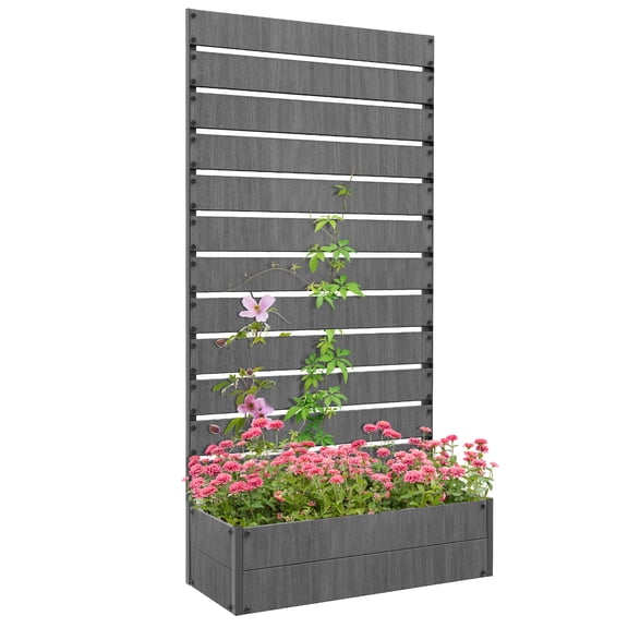 Dark Grey Raised Garden Bed with Trellis for Climbing Plants, Wood-Plastic Composite Planter Box with Drainage, 70.8" x 35.4" x 14.9", Weather-Resistant Privacy Screen for Patio