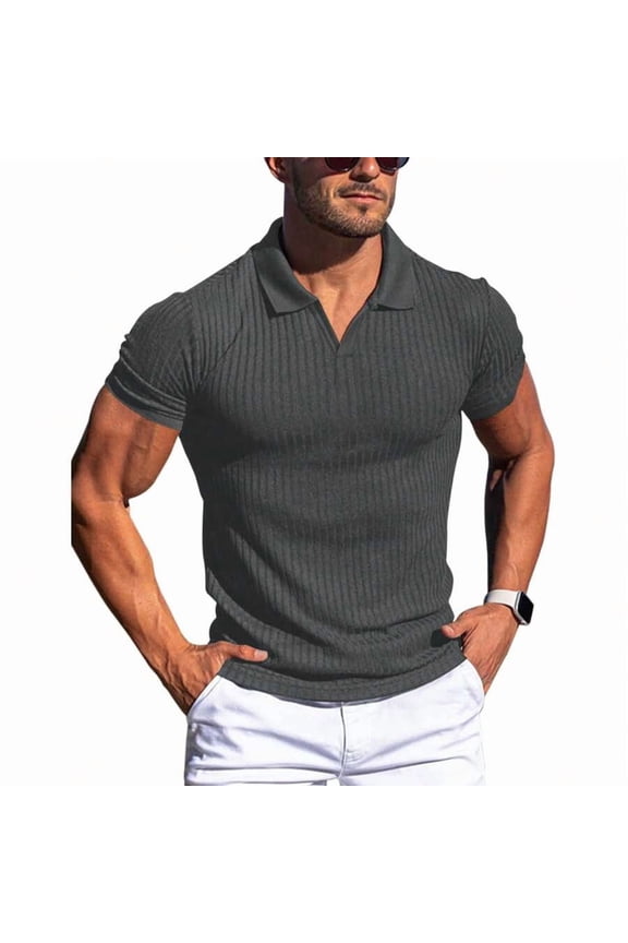 Dark Grey Ribbed Knit Collared V-Neck Short Sleeve Polo Shirt For Men