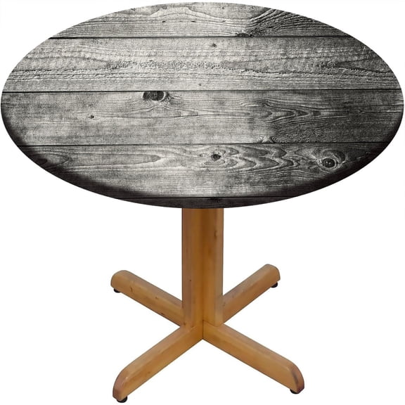 Dark Grey Round Tablecloth with Elastic Edges, Wooden Planks Rustic Timber Fitted Table Cover Indoor and Outdoor for Party Kitchen Dinner Banquet Patio Picnic, Fits Tables Up to 28" Diameter