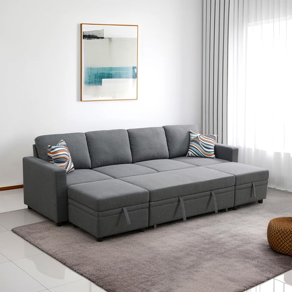 Dark Grey Sackcloth 6 Pieces Living Room Sofa Couch, Convertible Sofa Couches,Pull-Out Sofa Bed,with Storage Ottoman for Living Room,Apartment,Bedroom