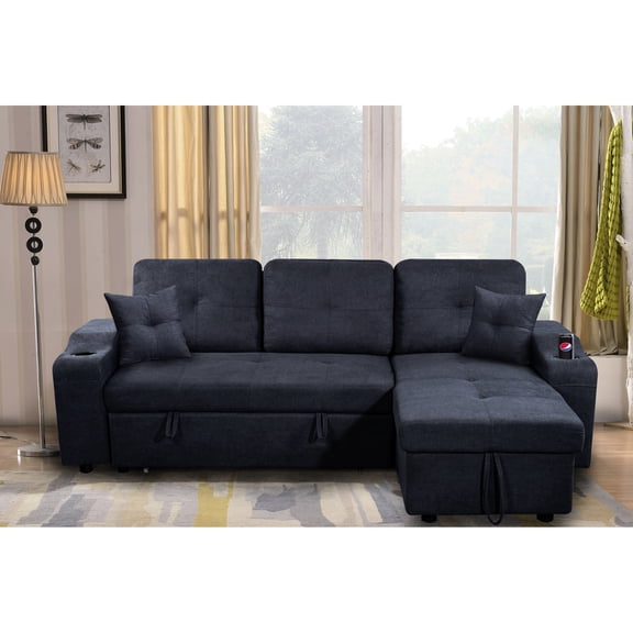 Dark Grey Sectional with Double Cup Holders - Pull-Out Bed Function - Home - Extra Sleeping Option