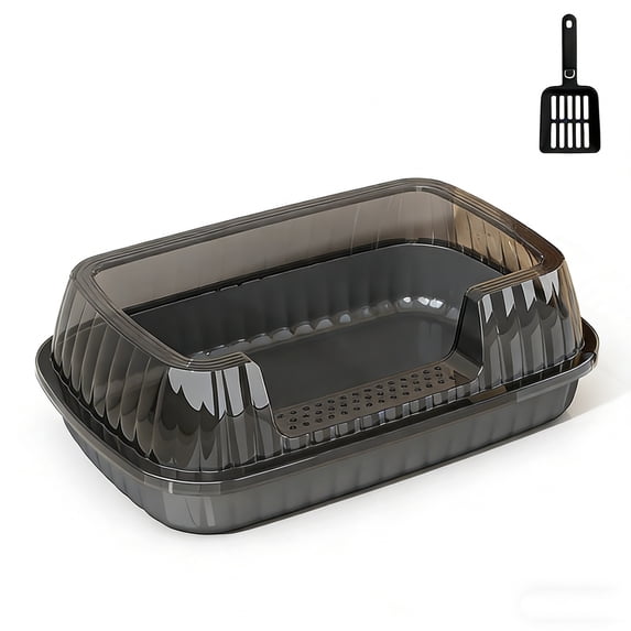 Dark Grey Semi Enclosed Cat Litter Box With Top Entry High Sides Odor Control Plastic 36.5X27X13.5Cm 14.4X10.6X5.3In