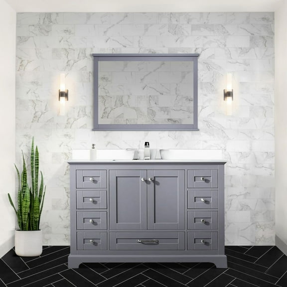 48 In. W Dark Grey Bathroom Vanity, White Quartz Worktop, Square Sink, 46 Mirror, Soft Close Assembling Top, Joining