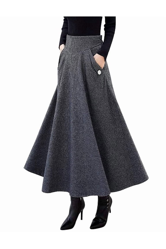 Dark Grey Small Plaid A-Line Long Skirt for Fall Winter