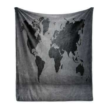 Dark Grey Soft Flannel Fleece Blanket, Black Colored World Map on Concrete Wall Image Urban Structure Grungy Rough Look, Cozy Plush for Indoor and Outdoor Use, 70" x 90", Grey Black, by Ambesonne