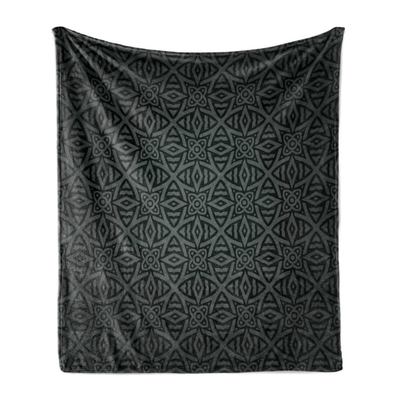 Dark Grey Soft Flannel Fleece Blanket, Medieval Folkloric Ornament Celtic Pattern Vintage Style Abstract Floral Circles, Cozy Plush for Indoor and Outdoor Use, 50" x 70", Black Grey, by Ambesonne