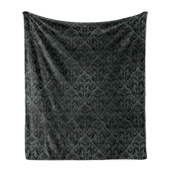 Dark Grey Soft Flannel Fleece Throw Blanket, Black Damask and Floral Elements Oriental Antique Ornament Vintage, Cozy Plush for Indoor and Outdoor Use, 50" x 70", Black Grey, by Ambesonne