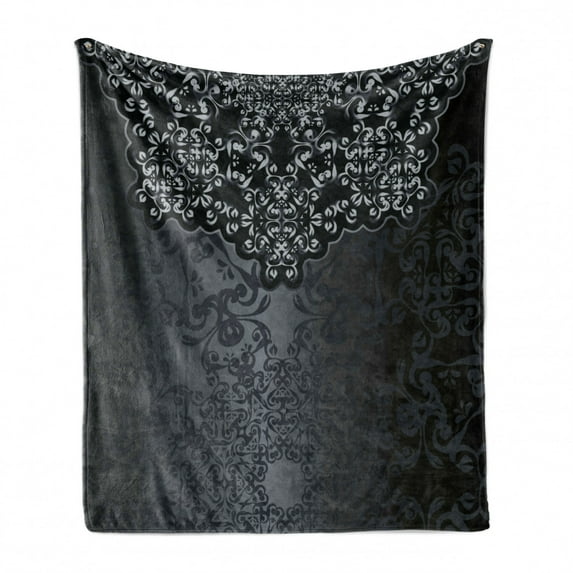 Dark Grey Soft Flannel Fleece Throw Blanket, Vintage Damask Inspired Ornament Victorian Swirls Curlicues, Cozy Plush for Indoor and Outdoor Use, 60" x 80", Dimgrey Black Brown, by Ambesonne
