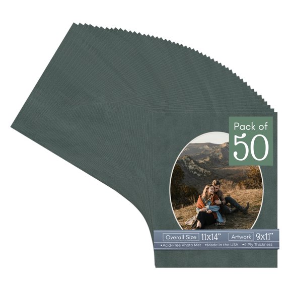 Dark Grey Suede Picture Frame Mat for 11x14 Frames - Oval Opening for 9x11 Photos - 50 Mats