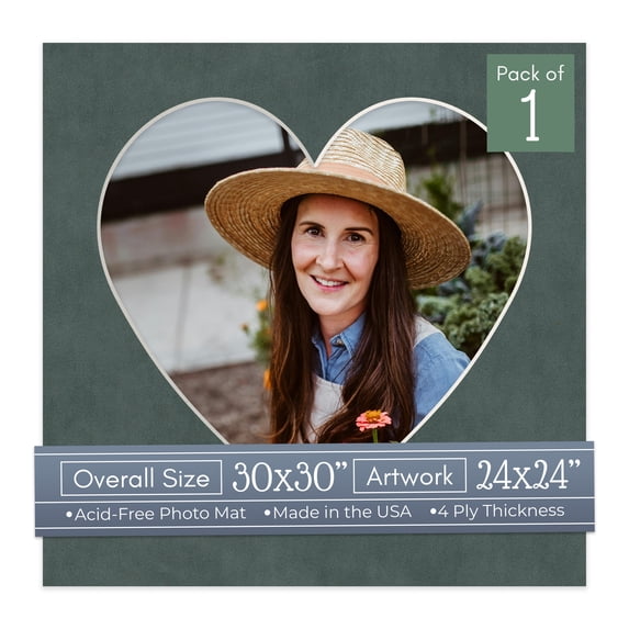 Dark Grey Suede Picture Frame Mat for 30x30 Frames - Heart Opening for 24x24 Photos - 1 Mat