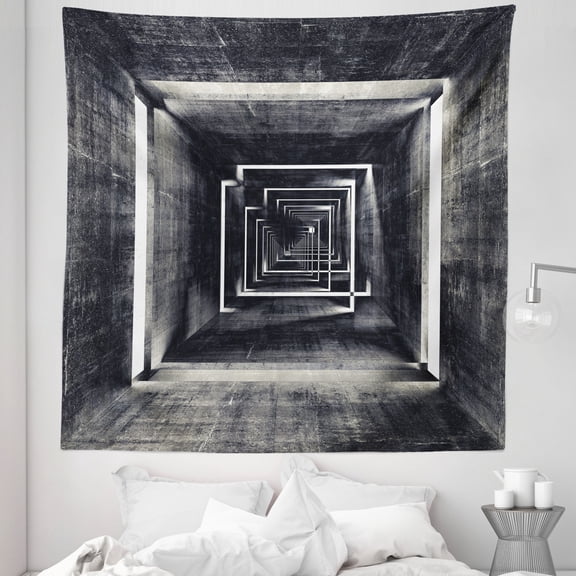 Dark Grey Tapestry, Architecture Perspective Tunnel Interior Grungy Corridor Construction, Fabric Wall Hanging Decor for Bedroom Living Room Dorm, 5 Sizes, Black Beige White, by Ambesonne