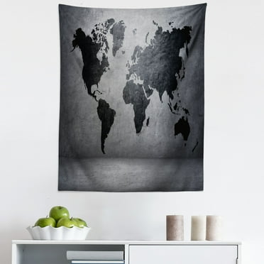Dark Grey Tapestry, Black Colored World Map on Concrete Wall Image Urban Structure Grungy Rough Look, Fabric Wall Hanging Decor for Bedroom Living Room Dorm, 5 Sizes, Grey Black, by Ambesonne