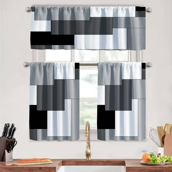 Dark Grey Thin Kitchen Curtains Tiers and Valances Set 3 Piece for Windows Grey and Black Kitchen Window Curtains Set,White Modern Abstract Art Valances for Living Room(36" Tiers Set)