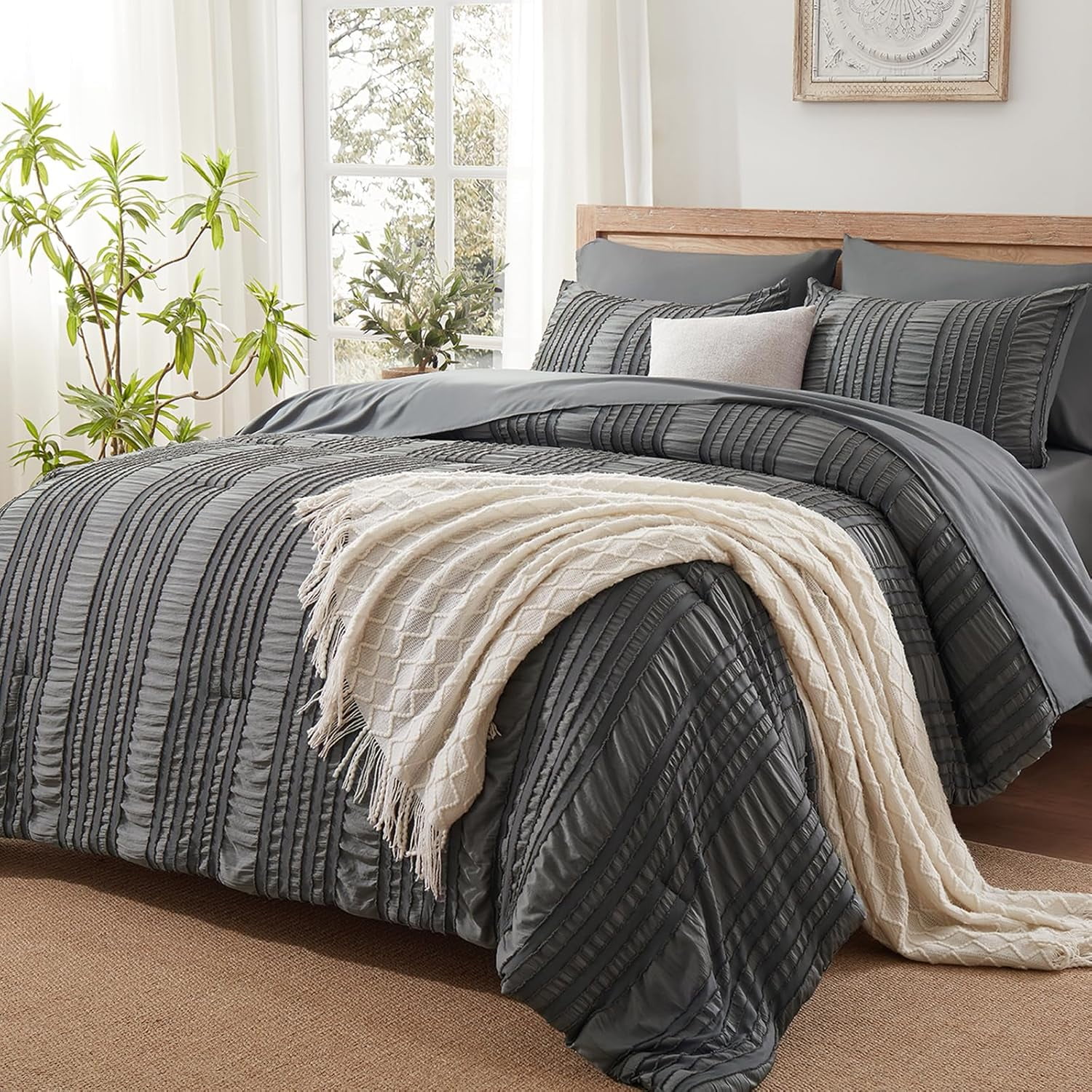 Dark Grey Tufted Textured Comforter Set Queen Size, 7 Piece Bed in a ...